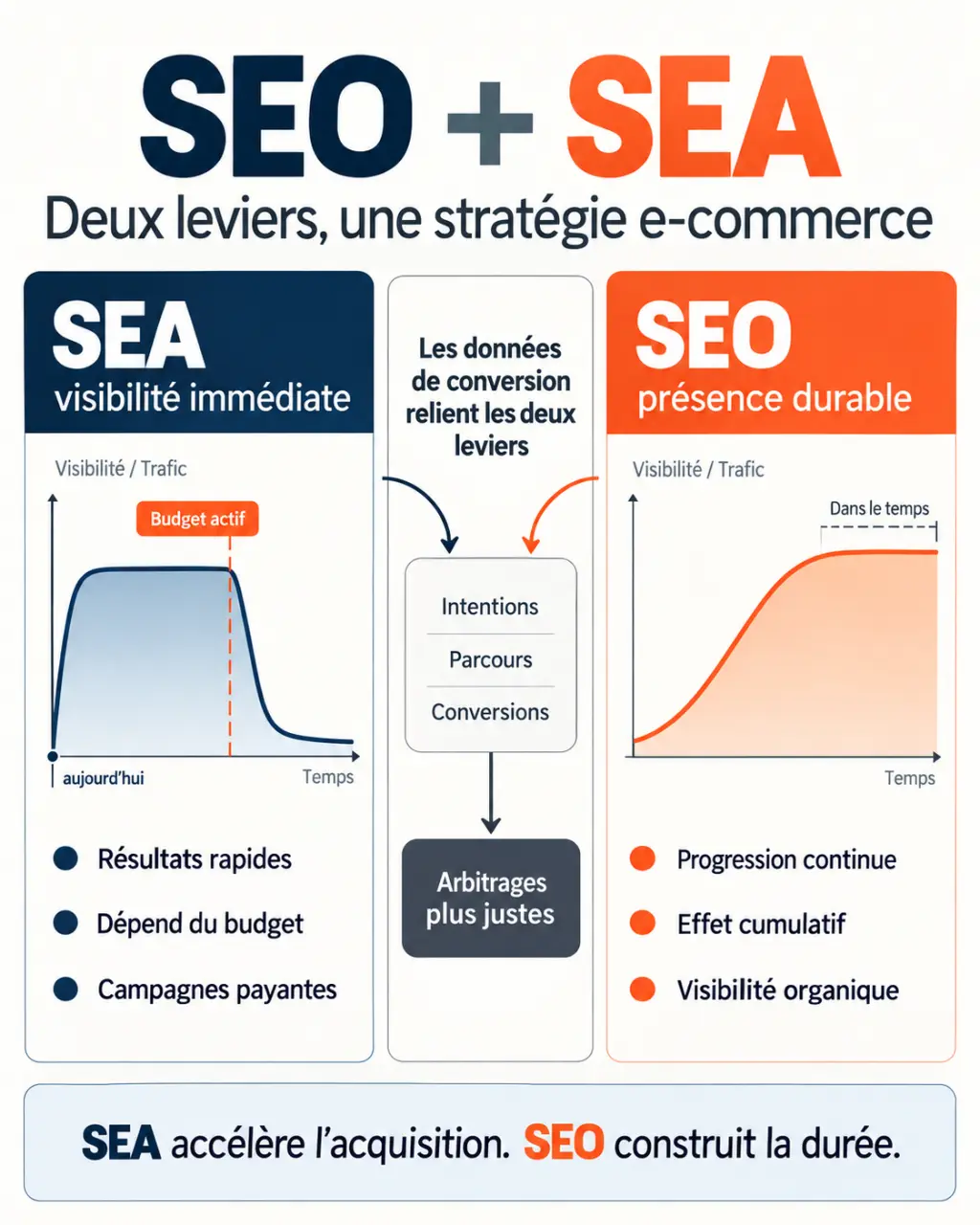 Infographie sur le rôle d’un consultant SEO e-commerce et la complémentarité entre SEO et SEA