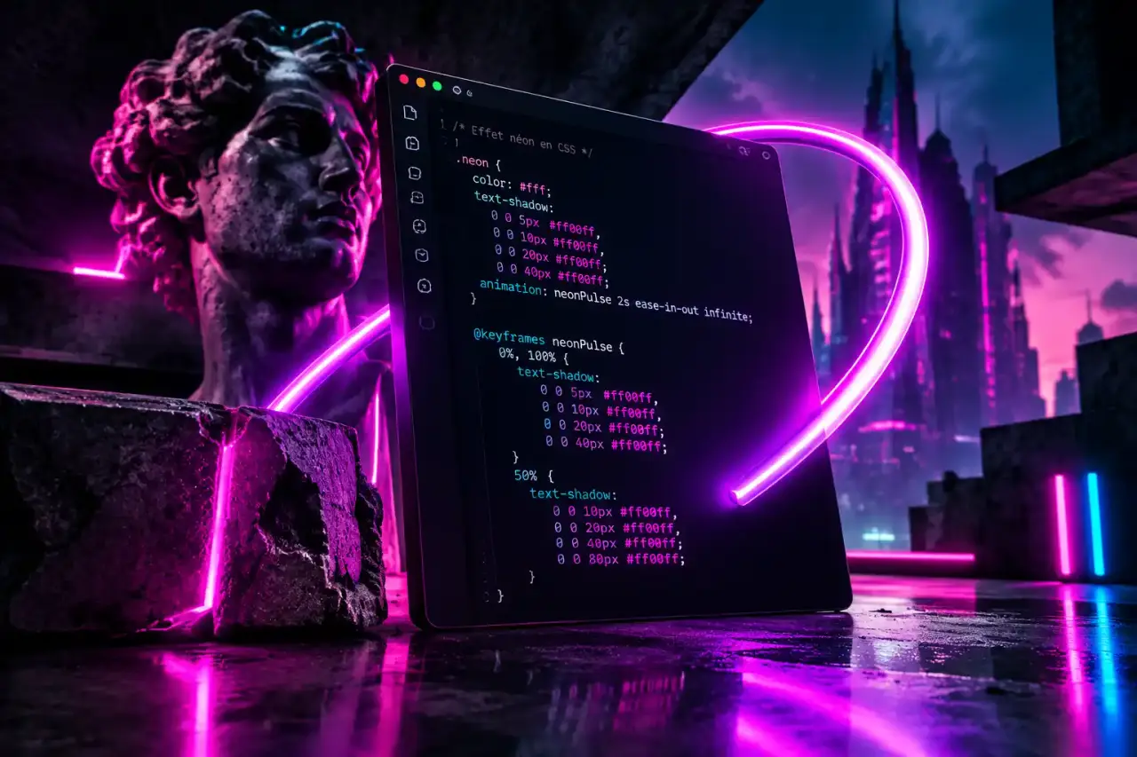 Interface web sombre avec un titre lumineux en néon cyan et magenta