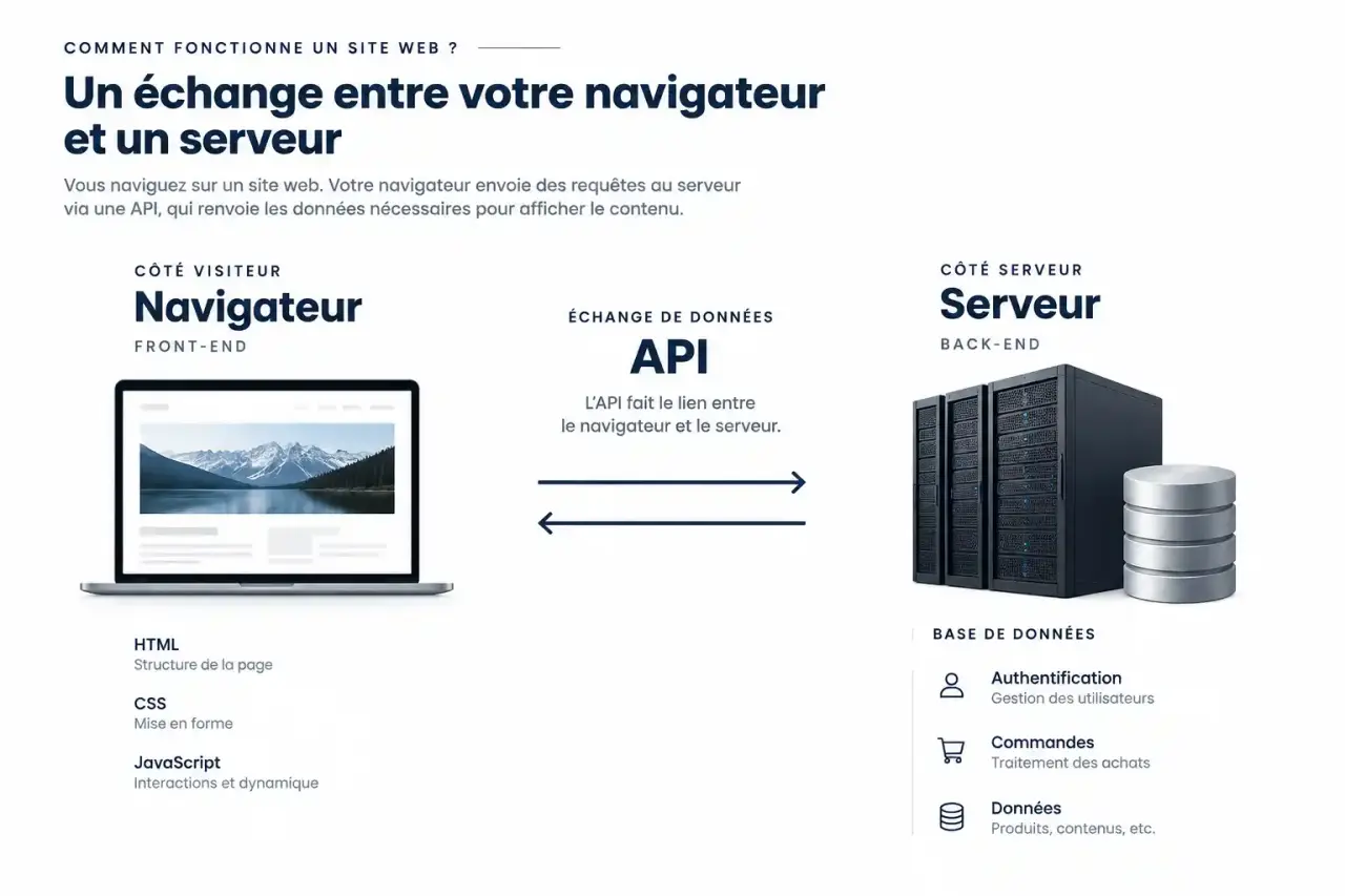 Schéma du développement site web : front-end dans le navigateur, API et back-end sur le serveur avec base de données