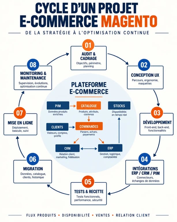 Agence web Magento : infographie du cycle de projet et des intégrations e-commerce