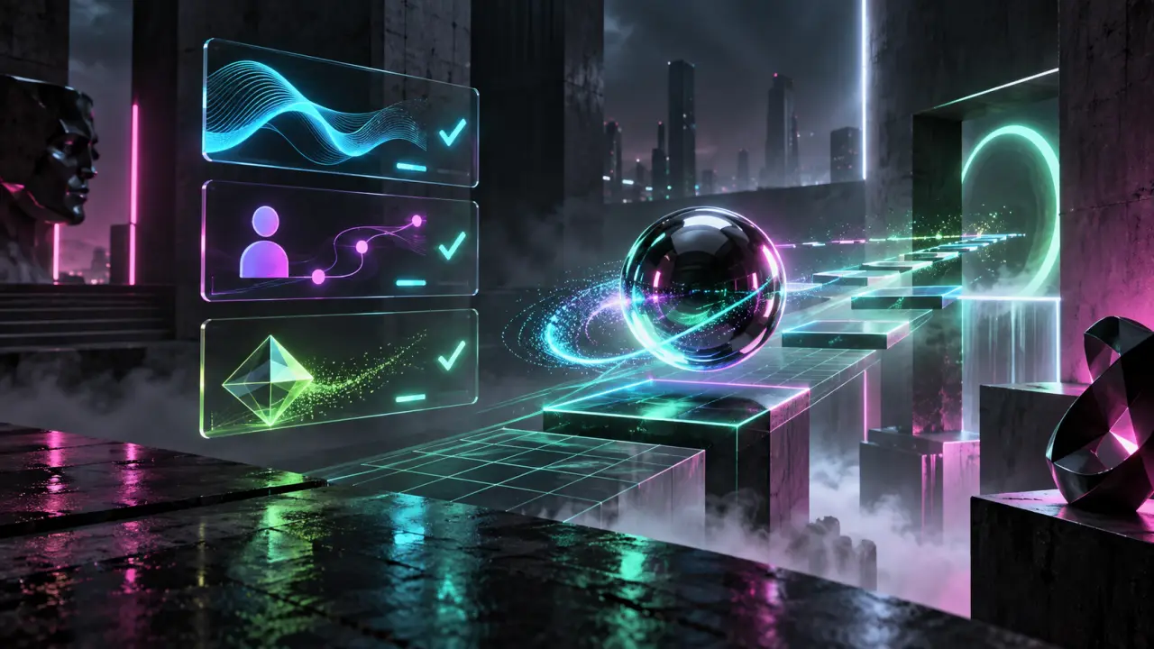 Interface WebGL futuriste affichant une scène 3D cyberpunk