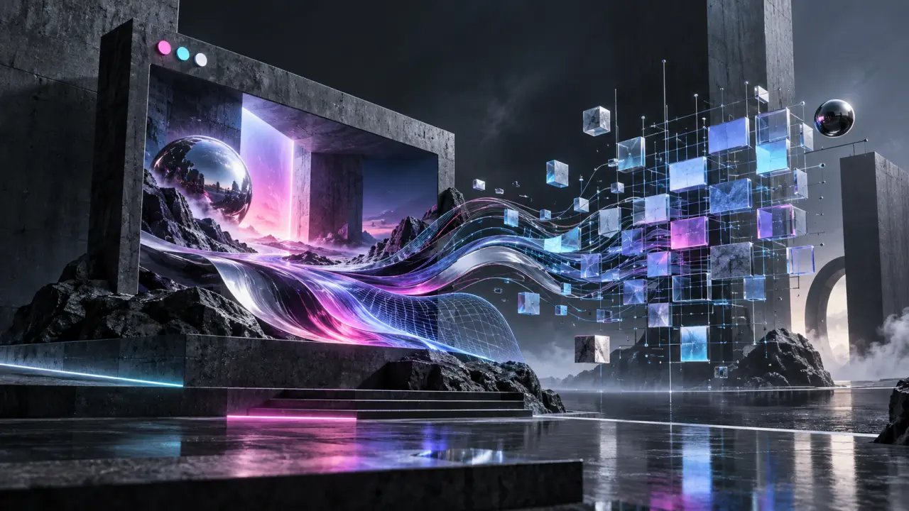Interface web immersive cyberpunk composée de néons et de flux de données