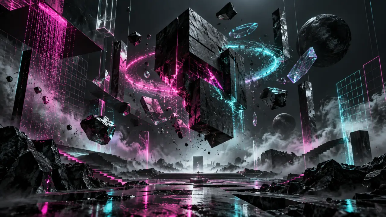 Interface web immersive en Three.js baignée de néons cyan et magenta
