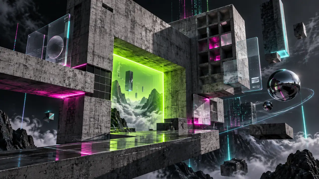 Interface numérique brutaliste aux couleurs néon cyan et magenta
