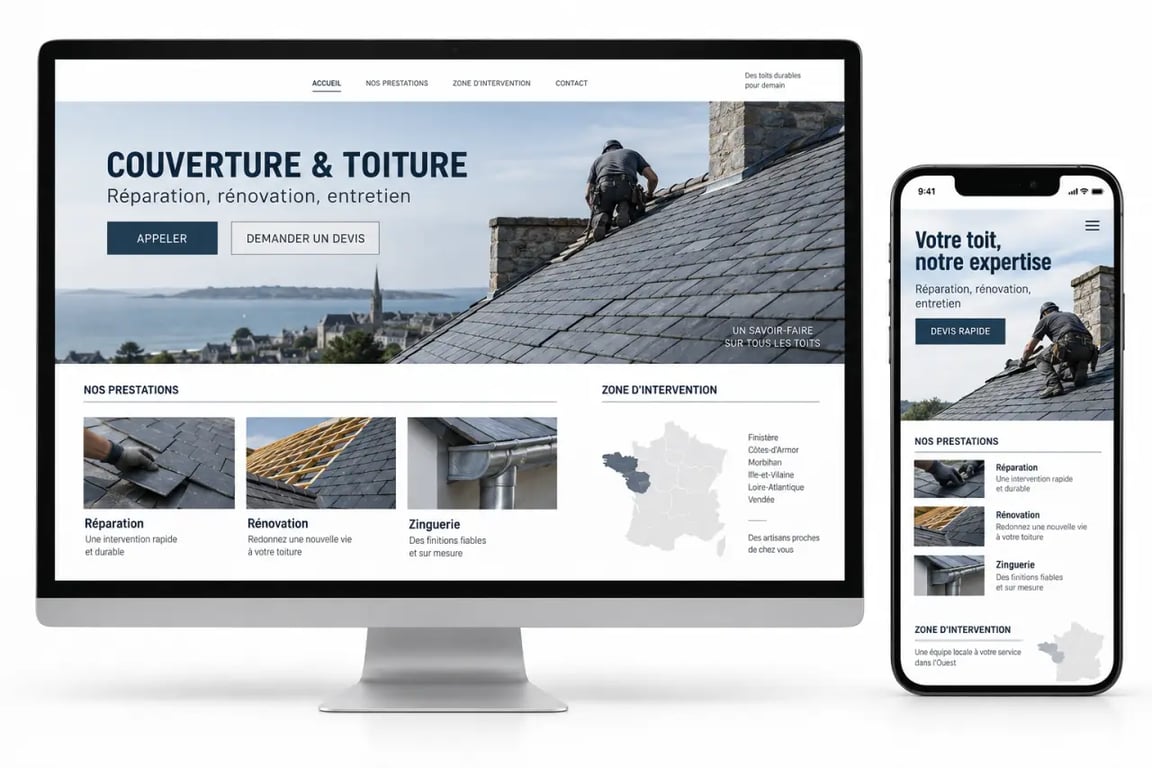 Création de site internet couvreur responsive avec demande de devis et services de toiture
