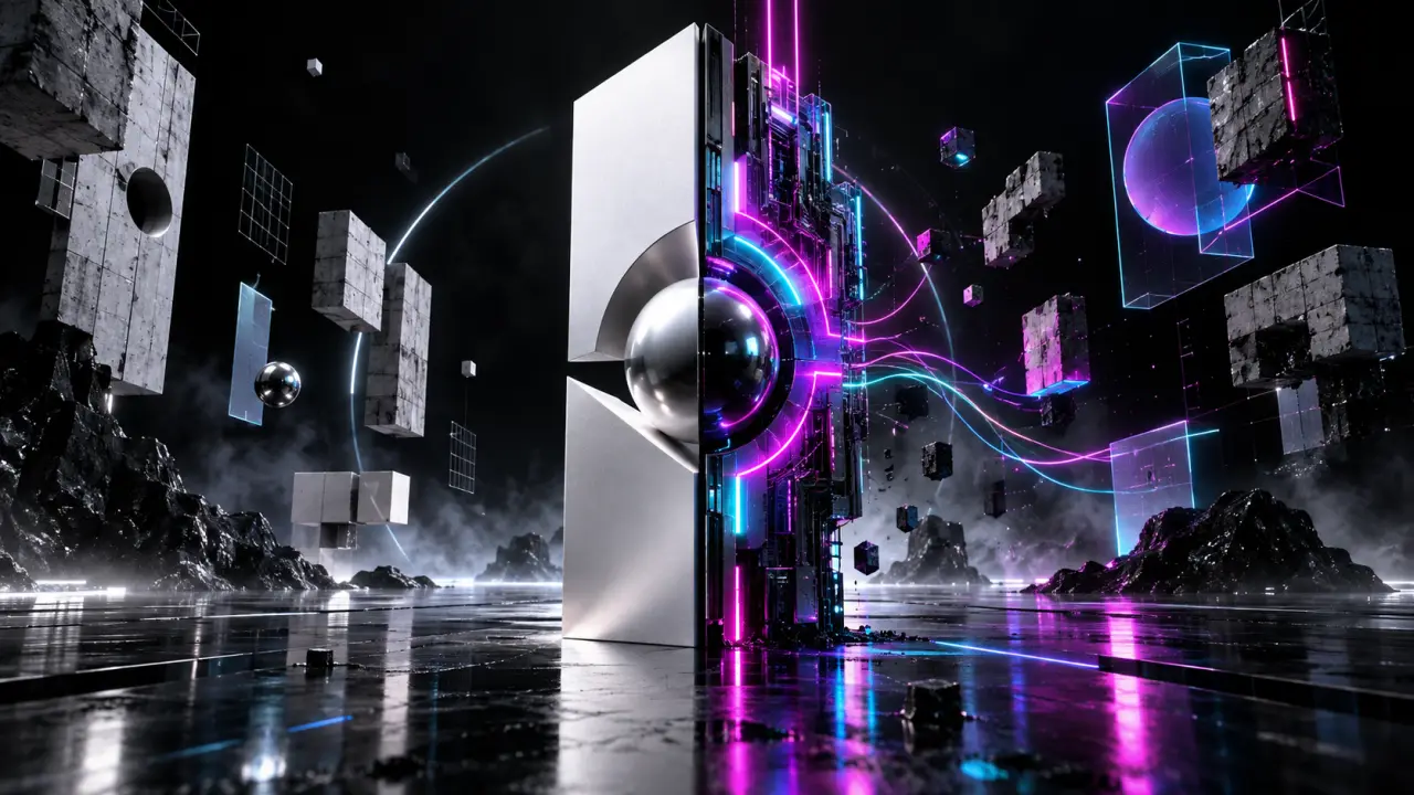 Univers visuel cyberpunk composé de néons, de données et d'interfaces numériques