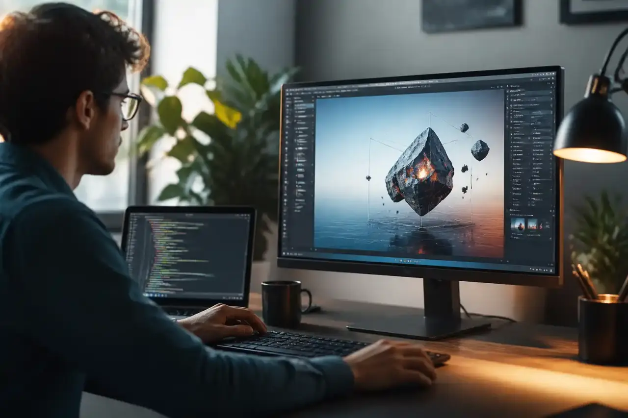 Bureau de design futuriste flottant dans un cyberespace néon