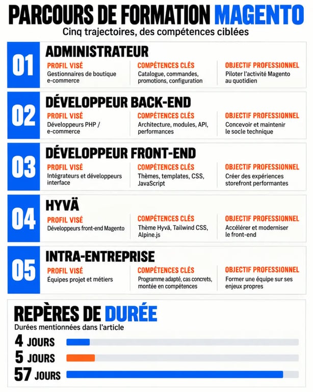 Infographie des parcours de formation Magento selon le métier, le niveau et la durée