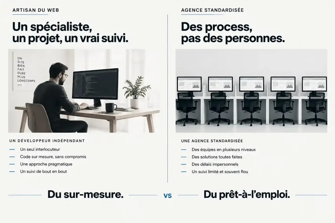Artisan du web travaillant sur un projet de site sur-mesure dans un atelier lumineux