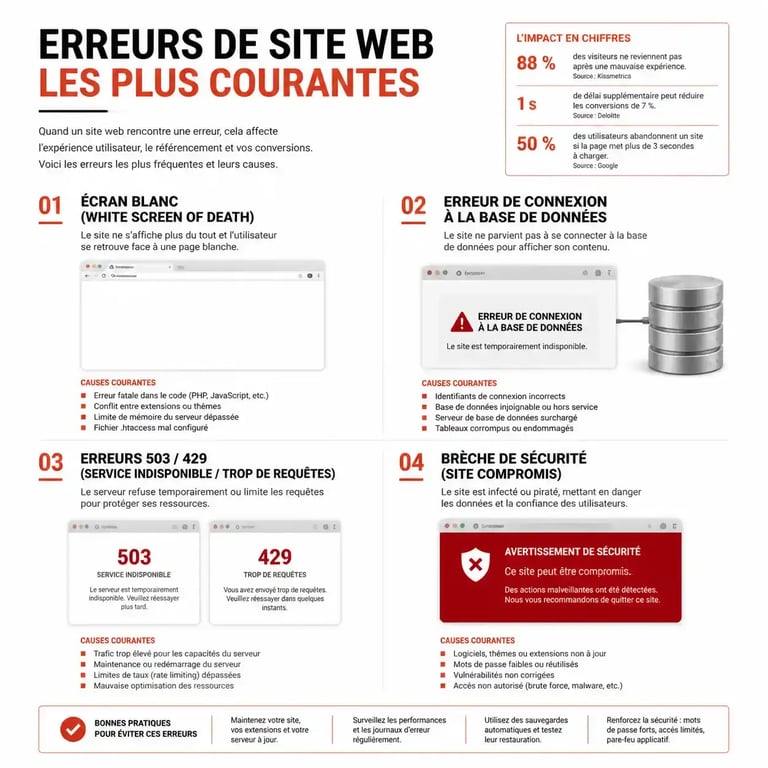 Les symptômes courants nécessitant un dépannage site web urgent