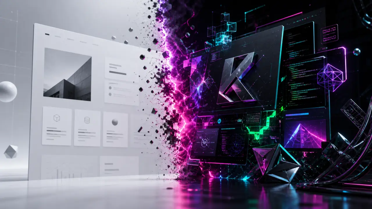Bureau de design futuriste flottant dans le cyberespace, néons cyan et magenta, interfaces holographiques