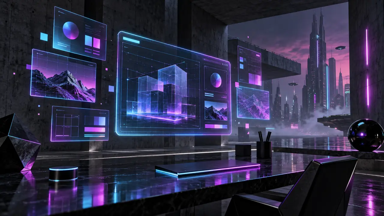 Interface web cyberpunk composée de néons cyan, magenta et d'une grille futuriste