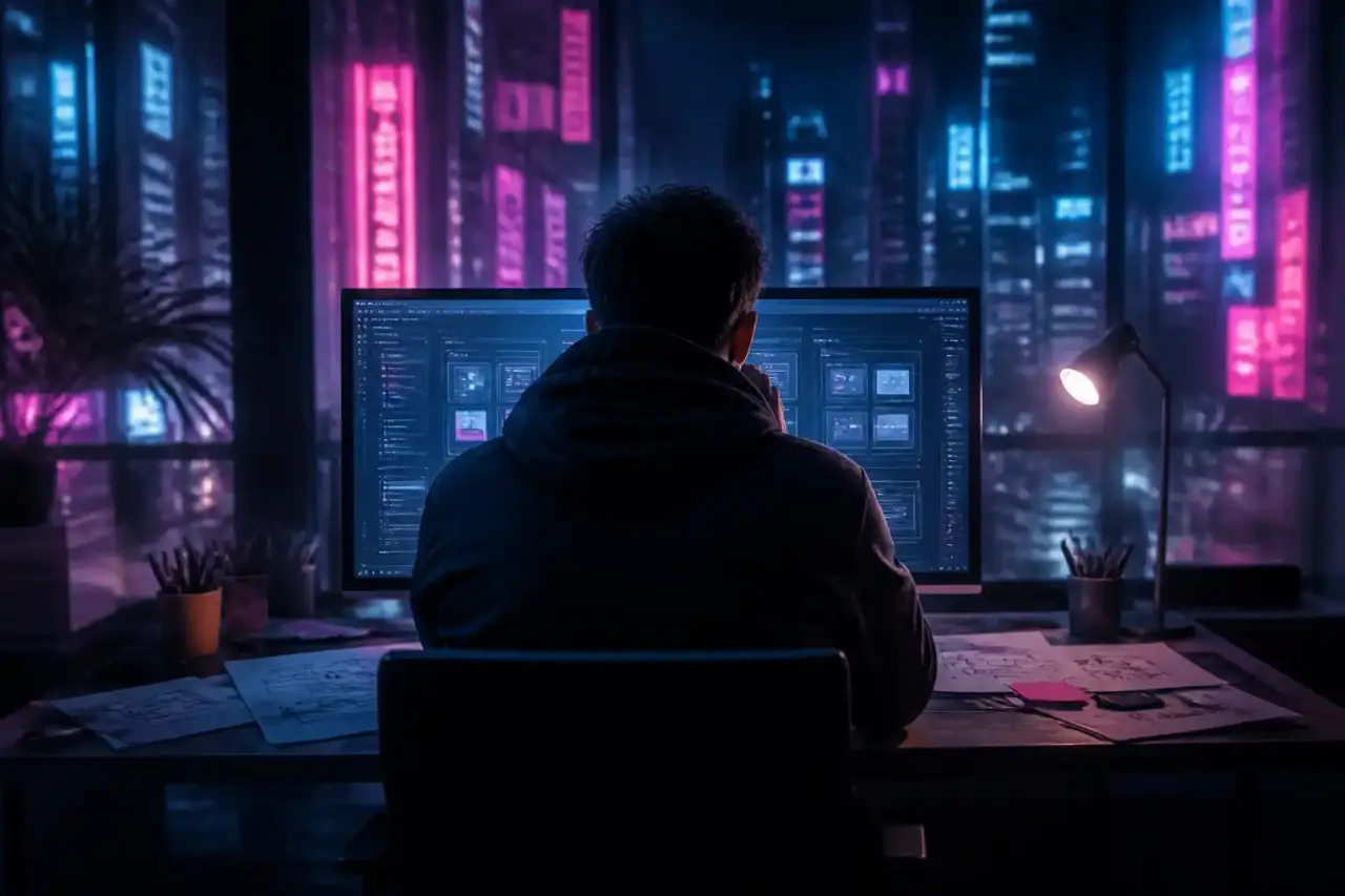 Bureau de design futuriste flottant dans le cyberespace, néons cyan et magenta, wireframes holographiques
