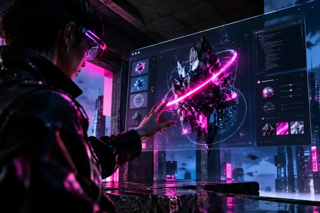 Interface WebGL cyberpunk avec néons cyan et magenta dans un environnement 3D