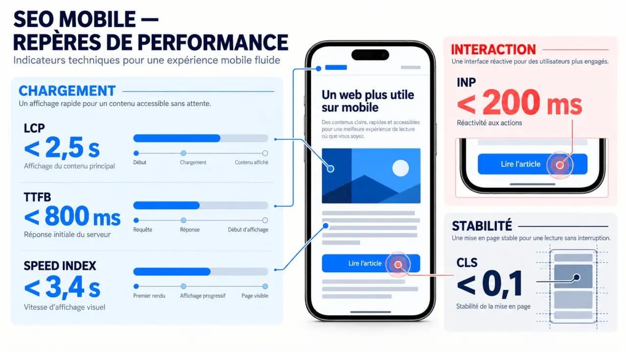 Infographie SEO mobile présentant les seuils LCP, INP, CLS, TTFB et Speed Index