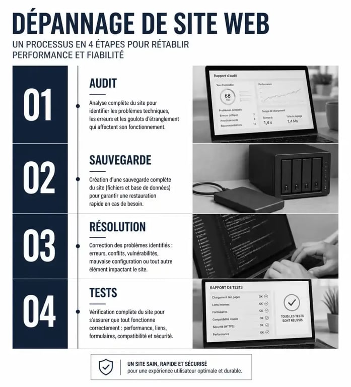 Processus de dépannage site web : audit, sauvegarde, résolution et test de conformité