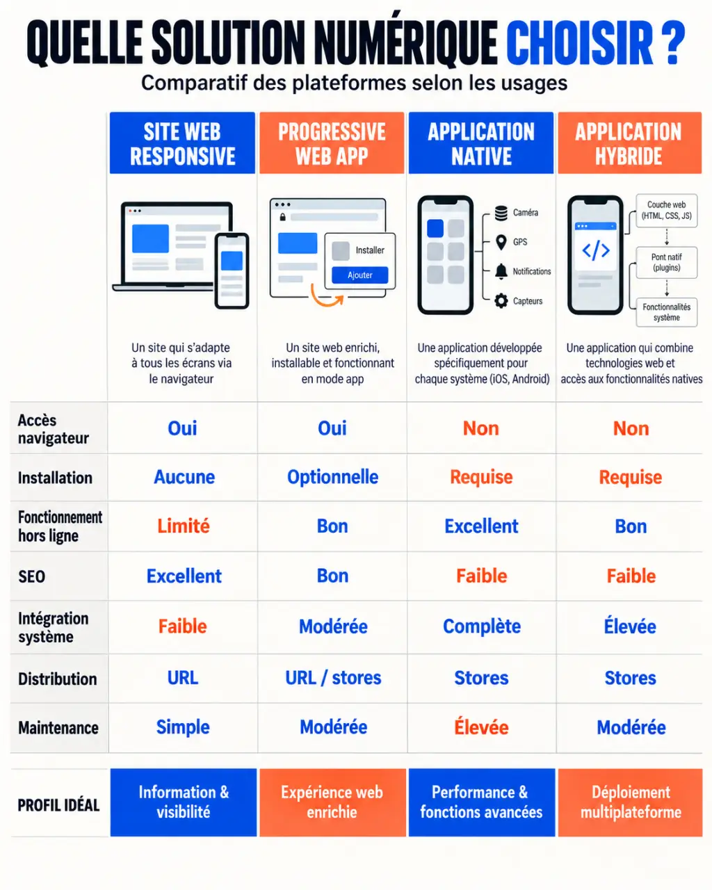 Comparaison d'une agence de développement progressive web apps PWA avec un site responsive, une application native et une application hybride