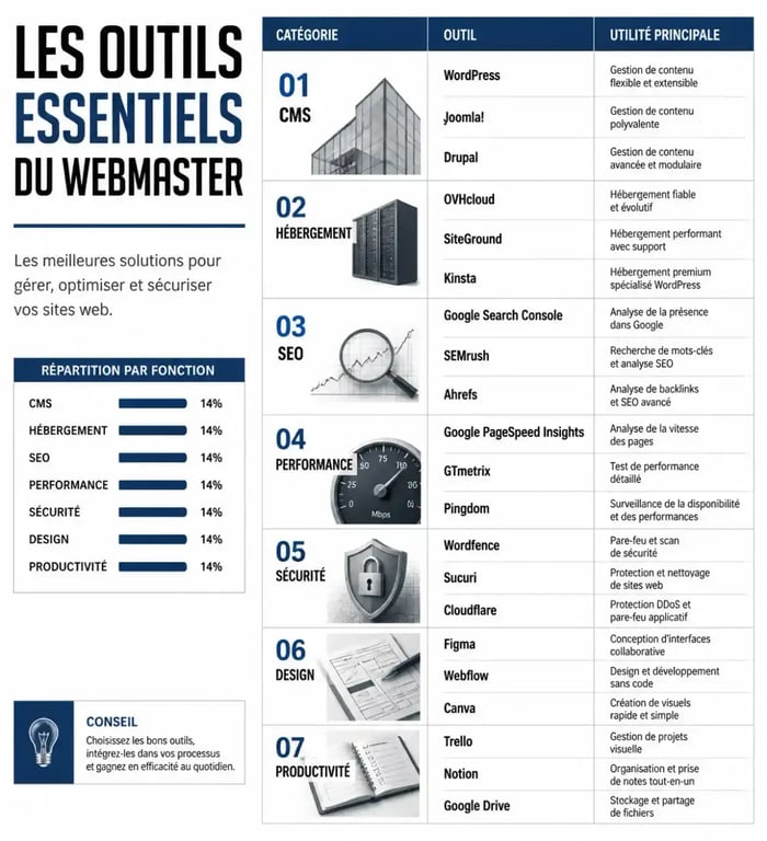 Infographie comparative des outils pour webmaster essentiels