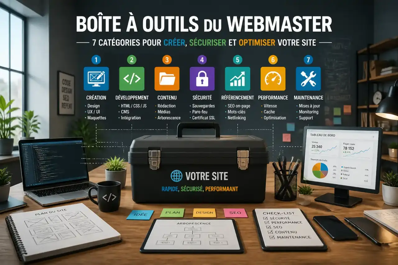 Boîte à outils du webmaster : 7 catégories pour créer, sécuriser et optimiser votre site