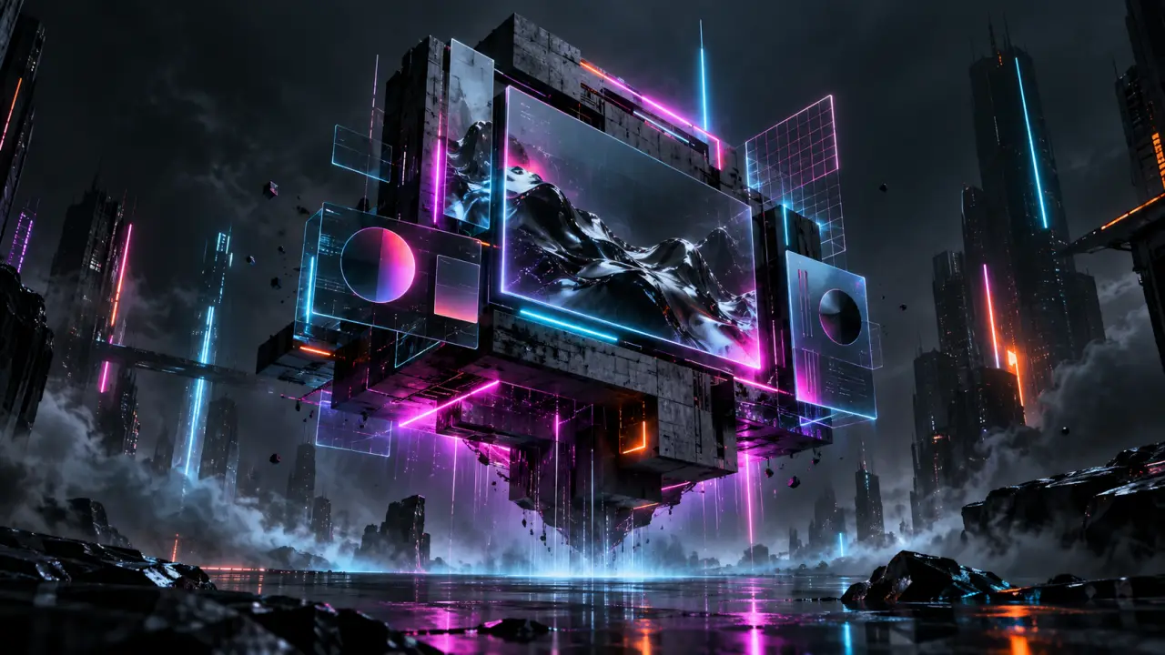 Landing page cyberpunk avec néons cyan et magenta dans un univers numérique