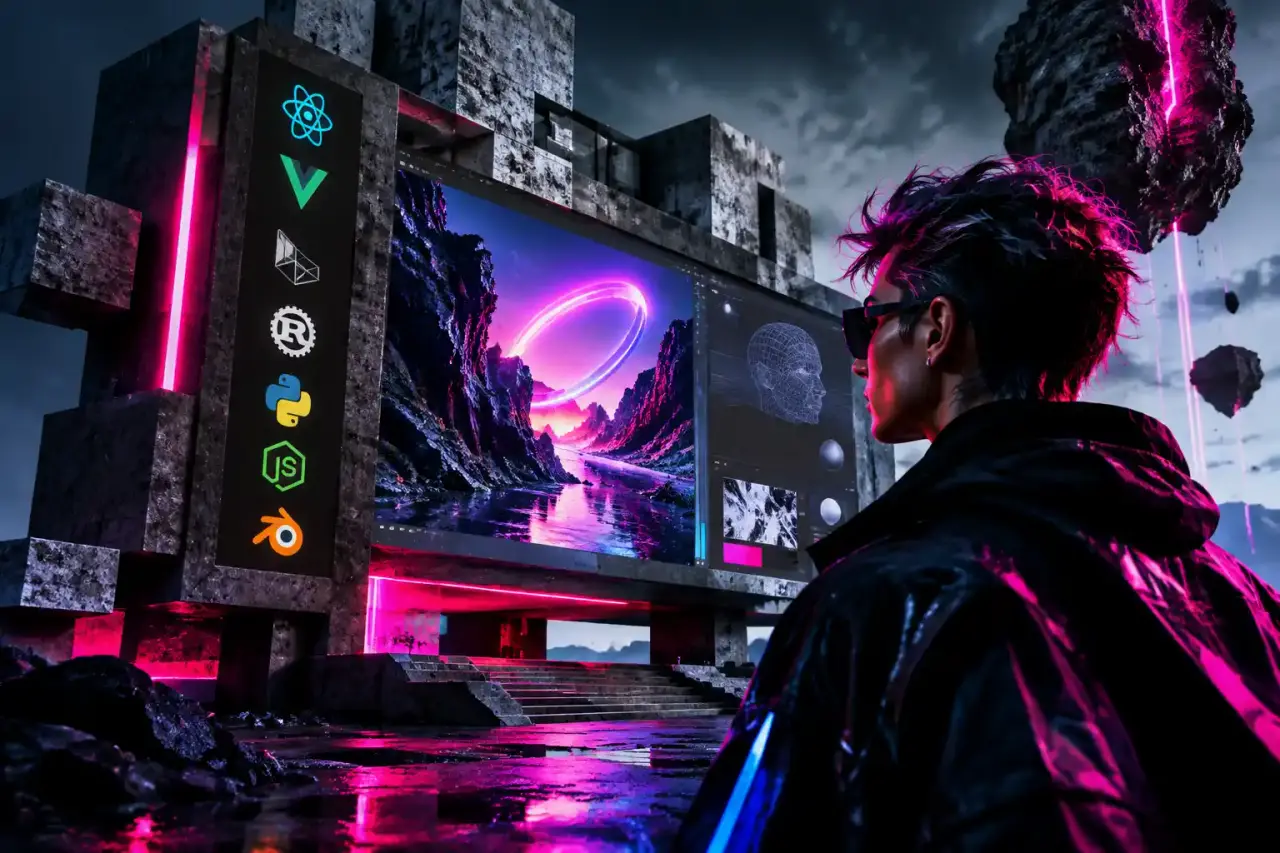 Interface web cyberbrutaliste éclairée par des néons cyan et magenta