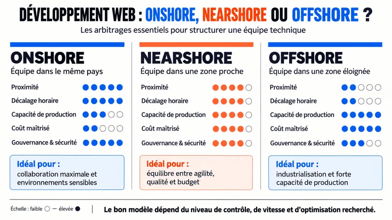 Infographie sur le développement web offshore comparé à l’onshore et au nearshore