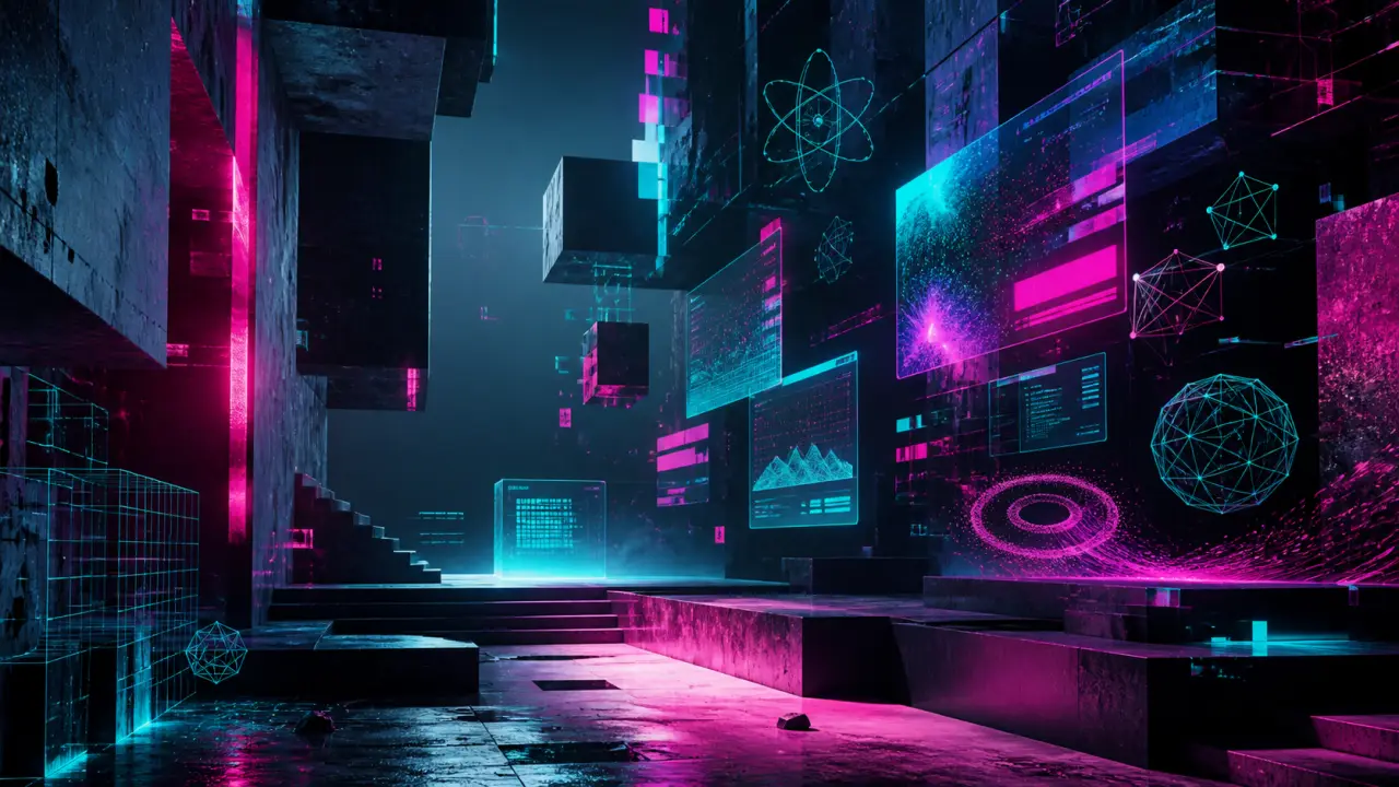 Bureau de design futuriste flottant dans le cyberespace, éclairé par des néons cyan et magenta